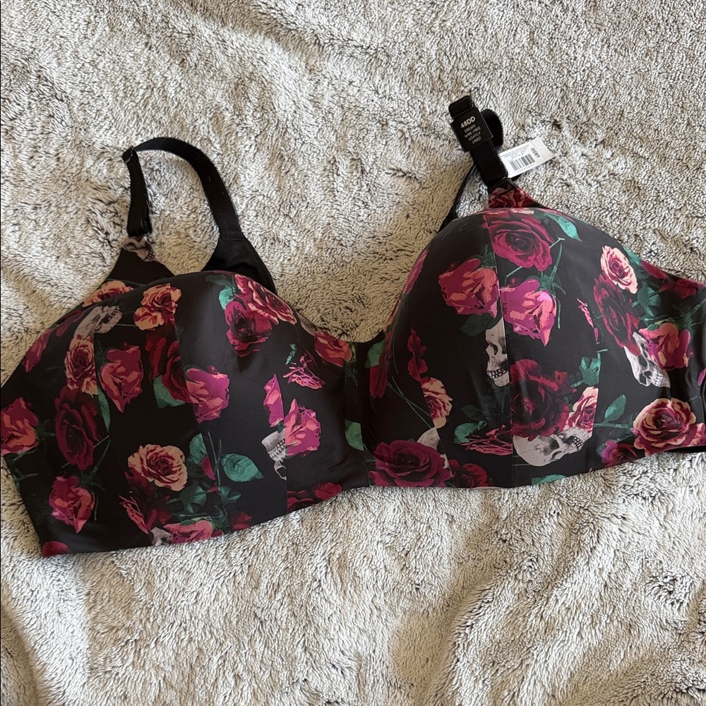 Torrid Black and Pink/Purple Floral + Skull Dream Wire-Free Lightly Lined Bra